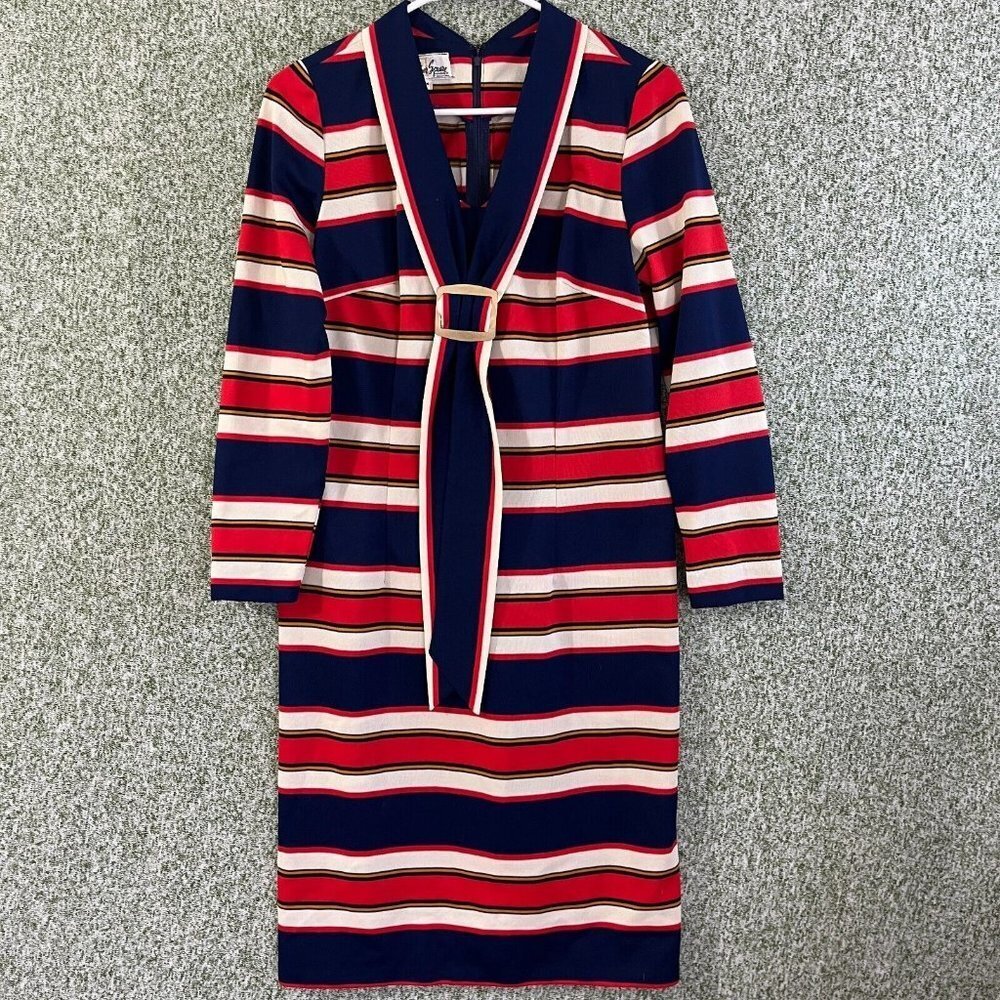 Stoner Square Dress Womens Medium Vintage 70s Blue Red Striped Shaped Polyester